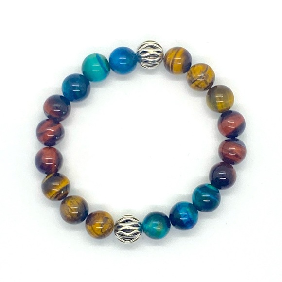 Beaded bracelet - yellow, blue, & red tiger’ eye beads - Picture 1 of 1